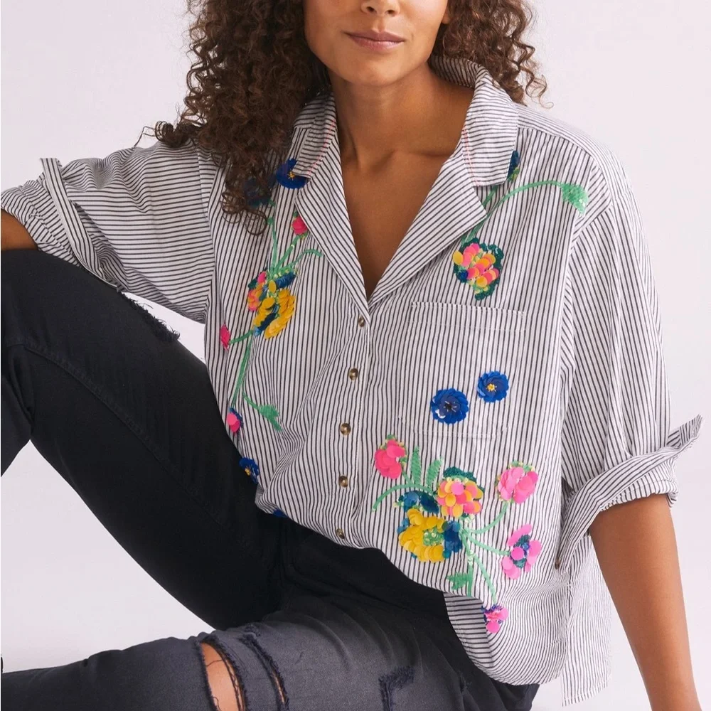Anthropologie Maeve Striped Floral Sequin Shirt - Size 4 - Picture 5 of 13